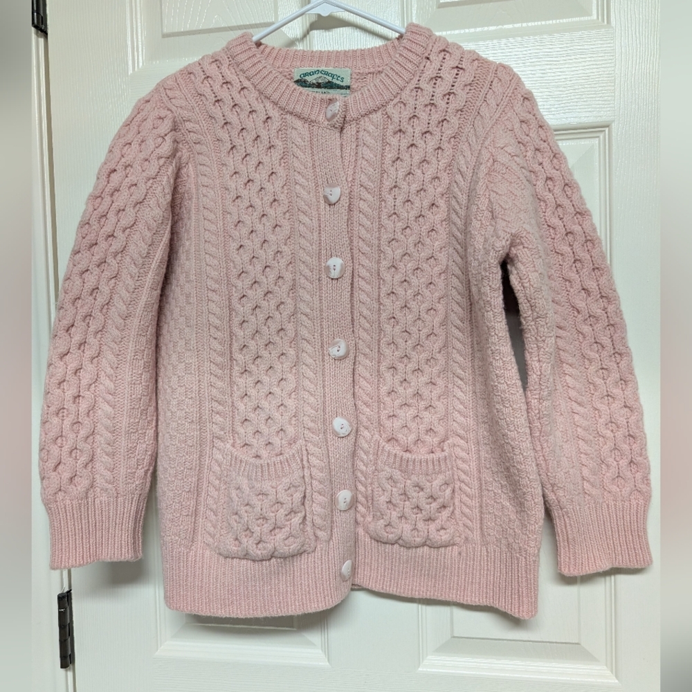 Aran Crafts Cardigan Pink 100% Merino Wool Cable Knit Sweater Pockets M Ireland